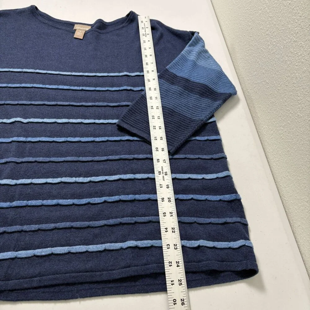 Chicos Touch of Cashmere Striped Sweater Size 1 US M 8 10 Blue Indigo Pullover